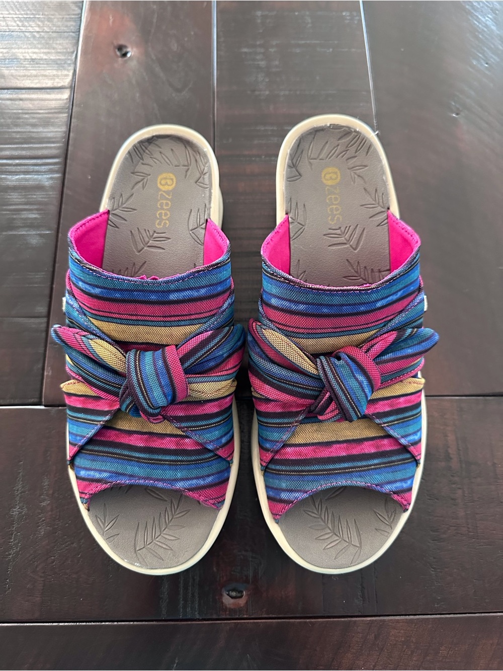 Bzees Striped Knot Slide Sandals - Blue, Pink, Gold